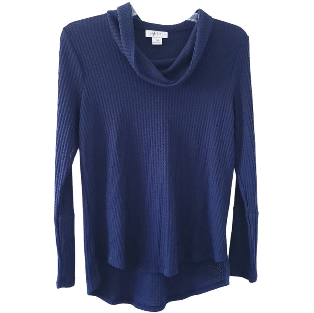 NEW Style & Co Waffle Knit Long Sleeve Shirt PM Petite Medium Navy Blue Top